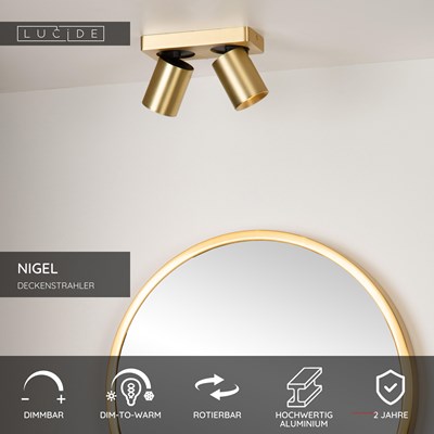 Lucide NIGEL - Deckenstrahler - LED Dim to warm - GU10 - 2x5W 2200K/3000K - Mattes Gold / Messing